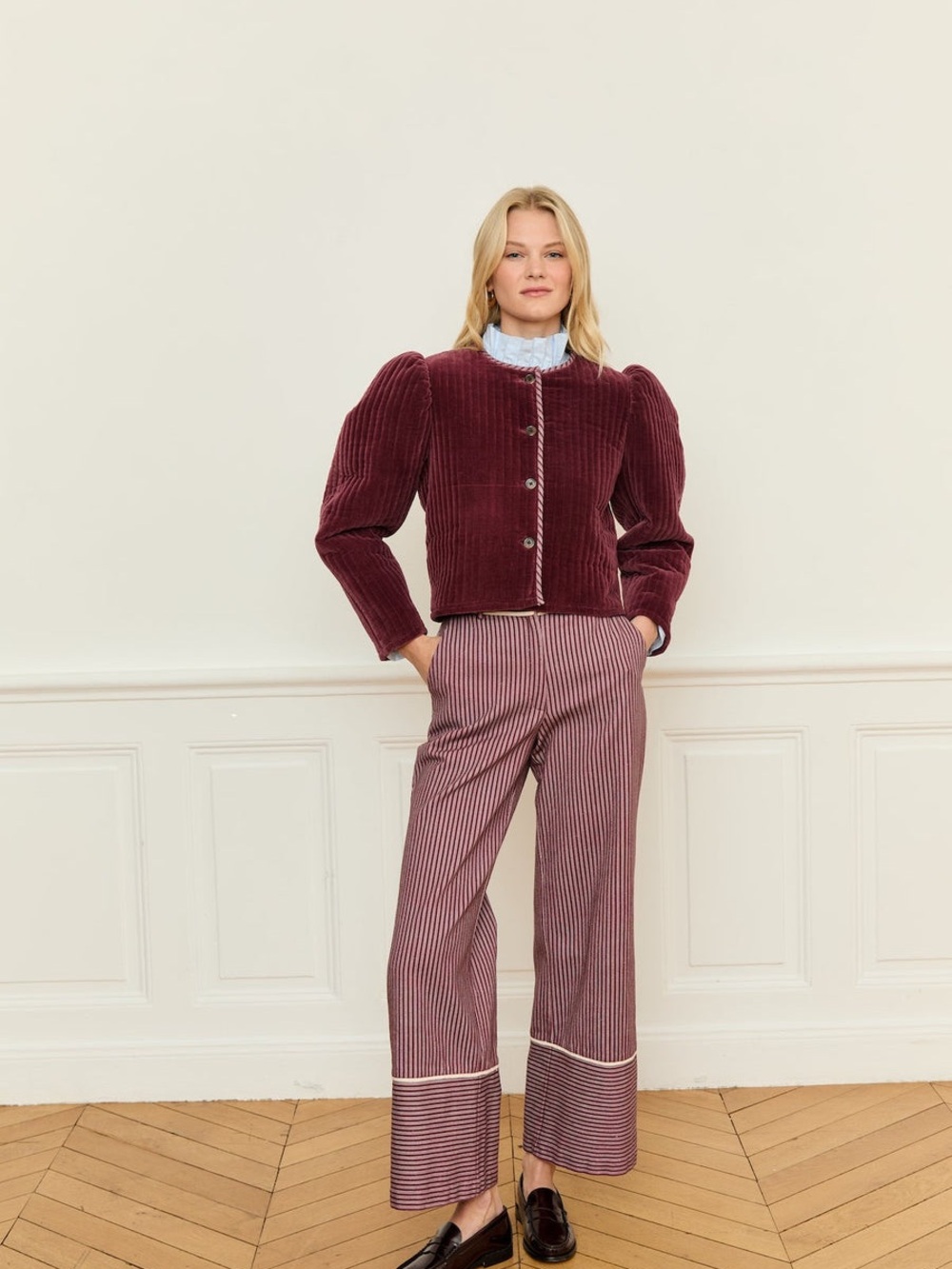 SASSON 100% Wool Mandarin Collar Cropped Stripe Jacket Burgundy Maroon | US M - Picture 11 of 11